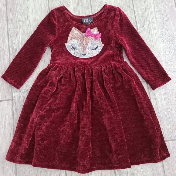 Lilt Girls Red Velour Long Sleeve Dress with Fox Sequin Detail Size 4 - Picture 1 of 10